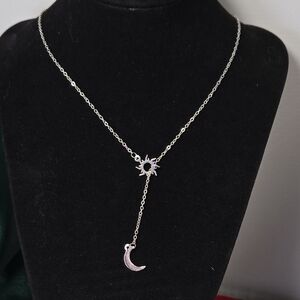 Silver Sun & Moon Lariat Necklace | Celestial Moon Phase Pendant Stainless Steel